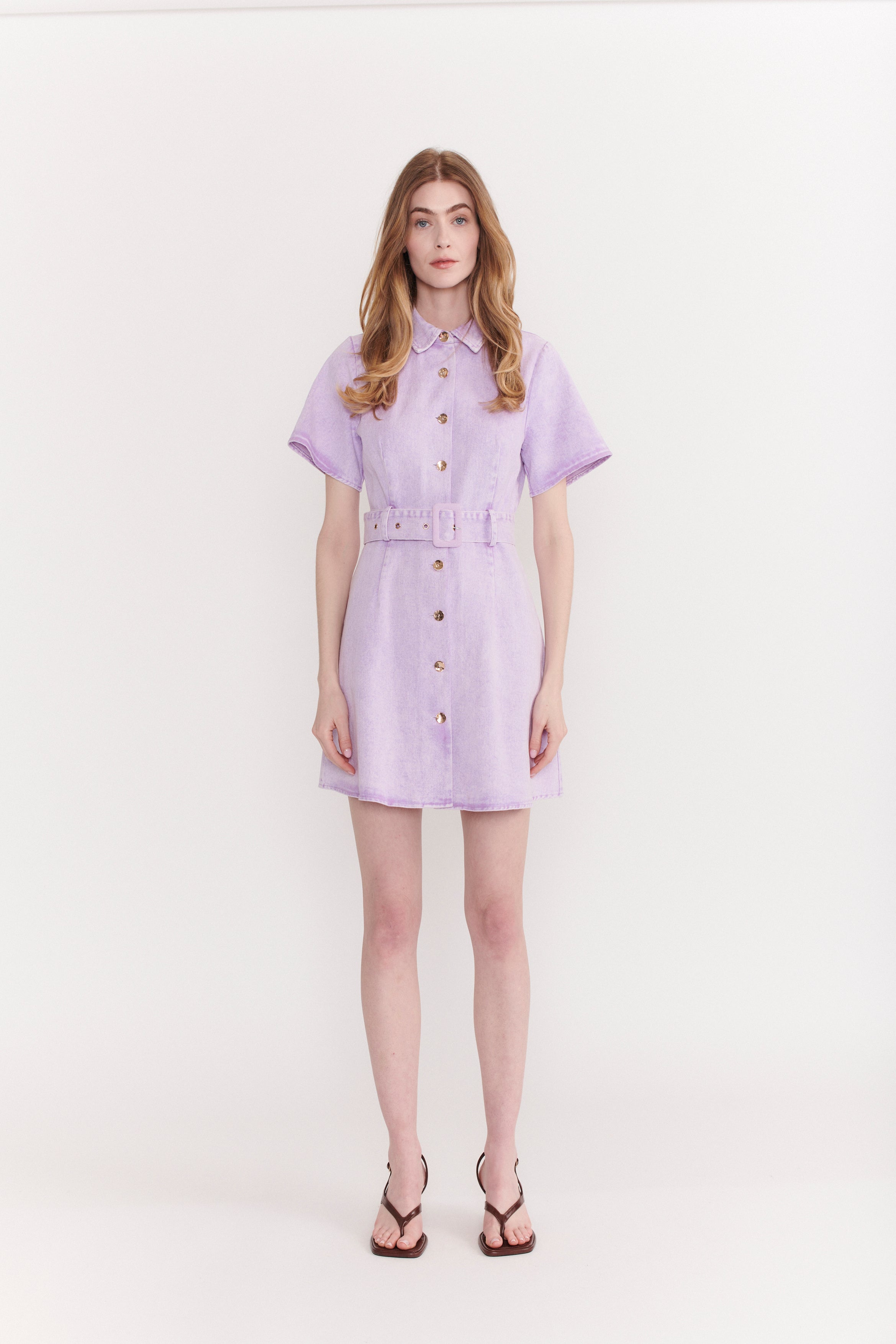 River Island belted denim mini shirt dress in purple | ASOS